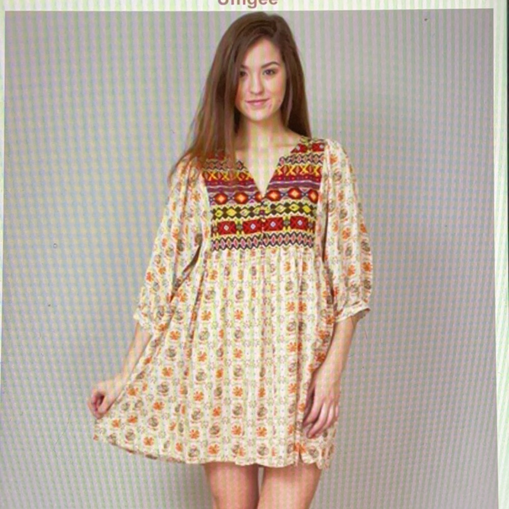 Umgee Taupe Aztec Print Babydoll Dress with 3/4 Sleeves